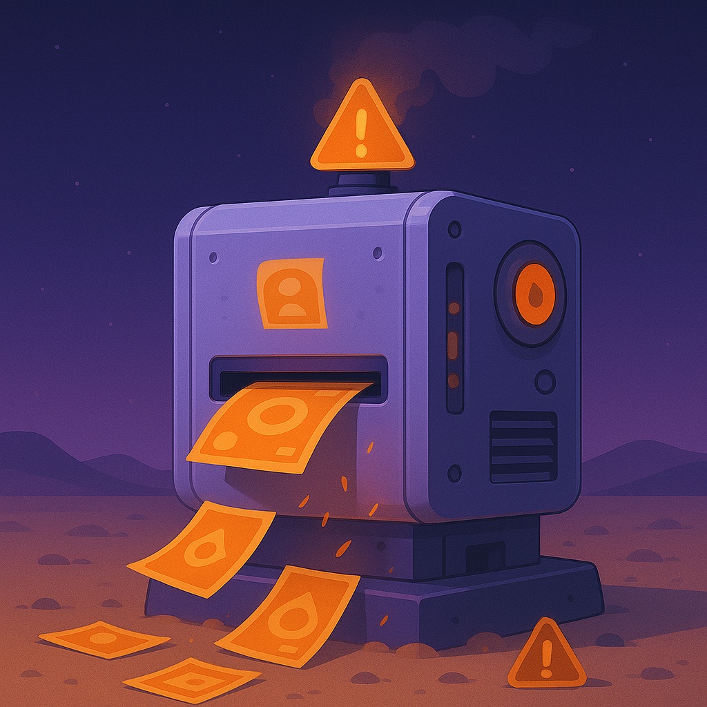 A futuristic lavender metal machine endlessly printing glowing banknote-like sheets in a twilight desert, with a warning light flashing on top.
