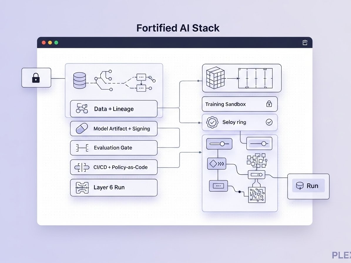 A layered Fortified AI Stack spanning data, training, model builds, evaluation gates, CI/CD policy, and runtime monitoring.