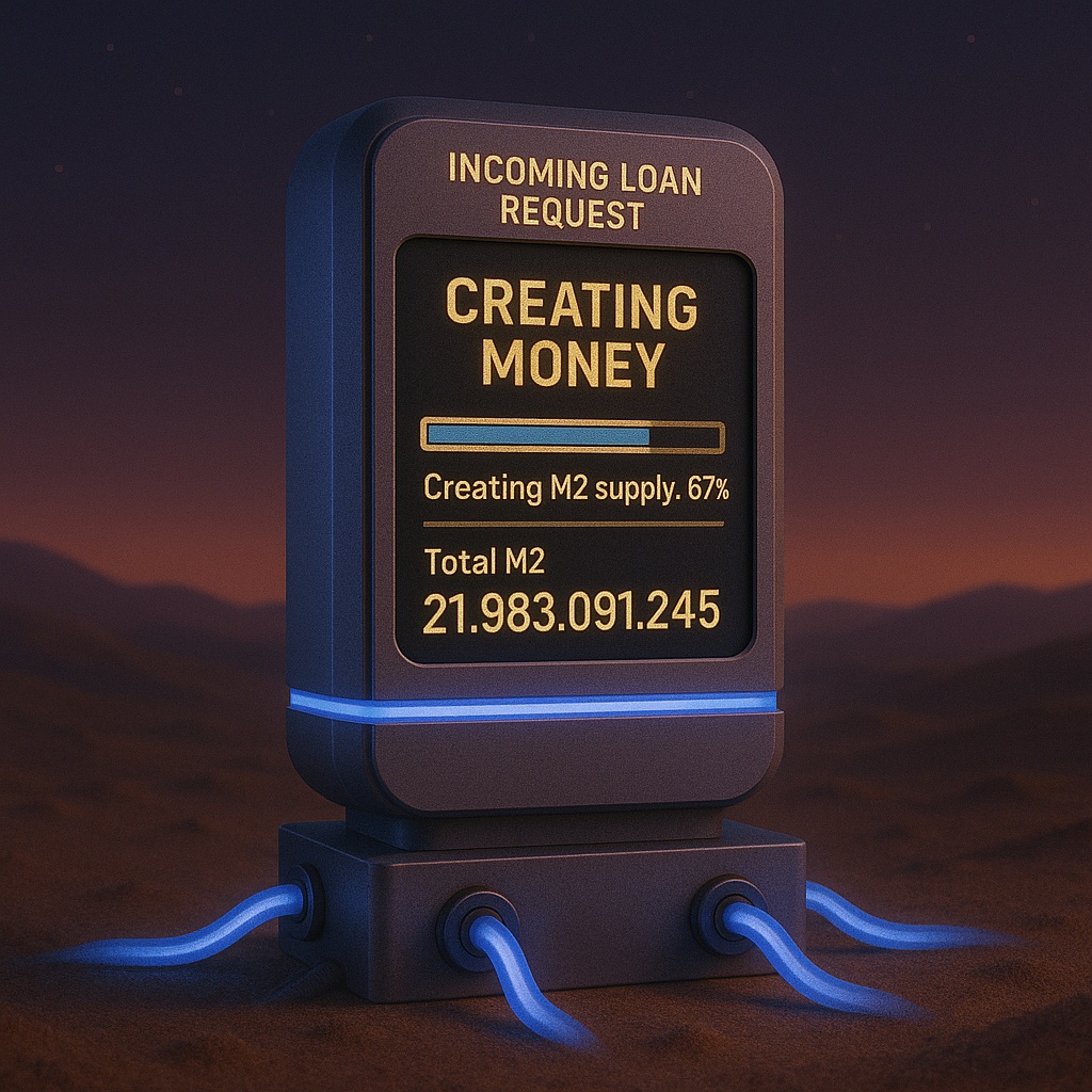 Abstract PLEX-style machine representing the layered structure of money in the modern economy
