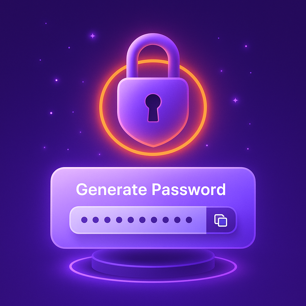 A PLEX-styled illustration of a secure password generator with a glowing lock and cosmic gradients