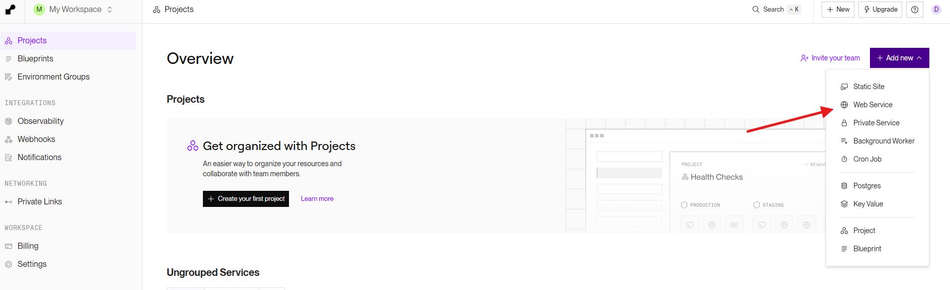Creating a new web service on Render