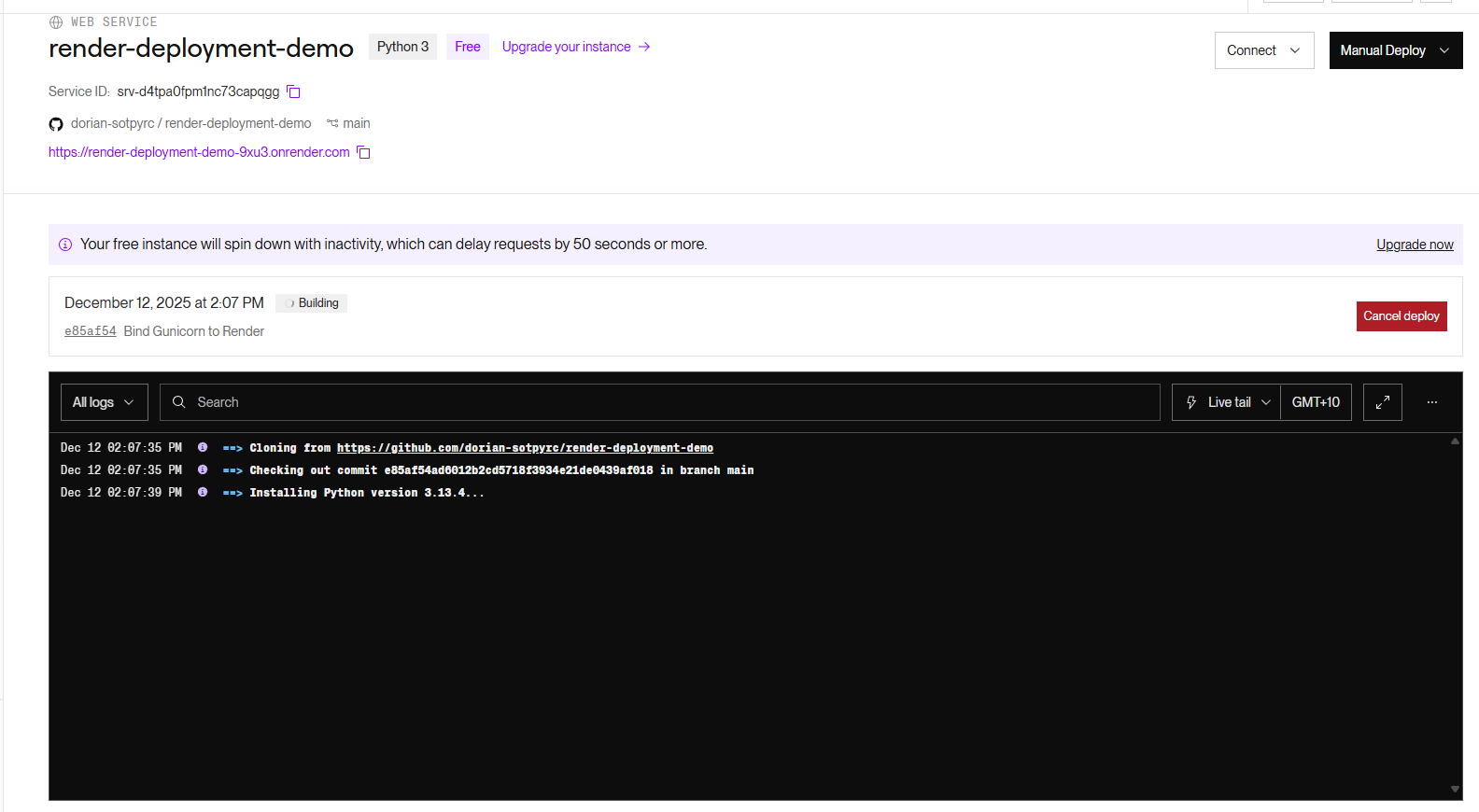Render build logs running successfully