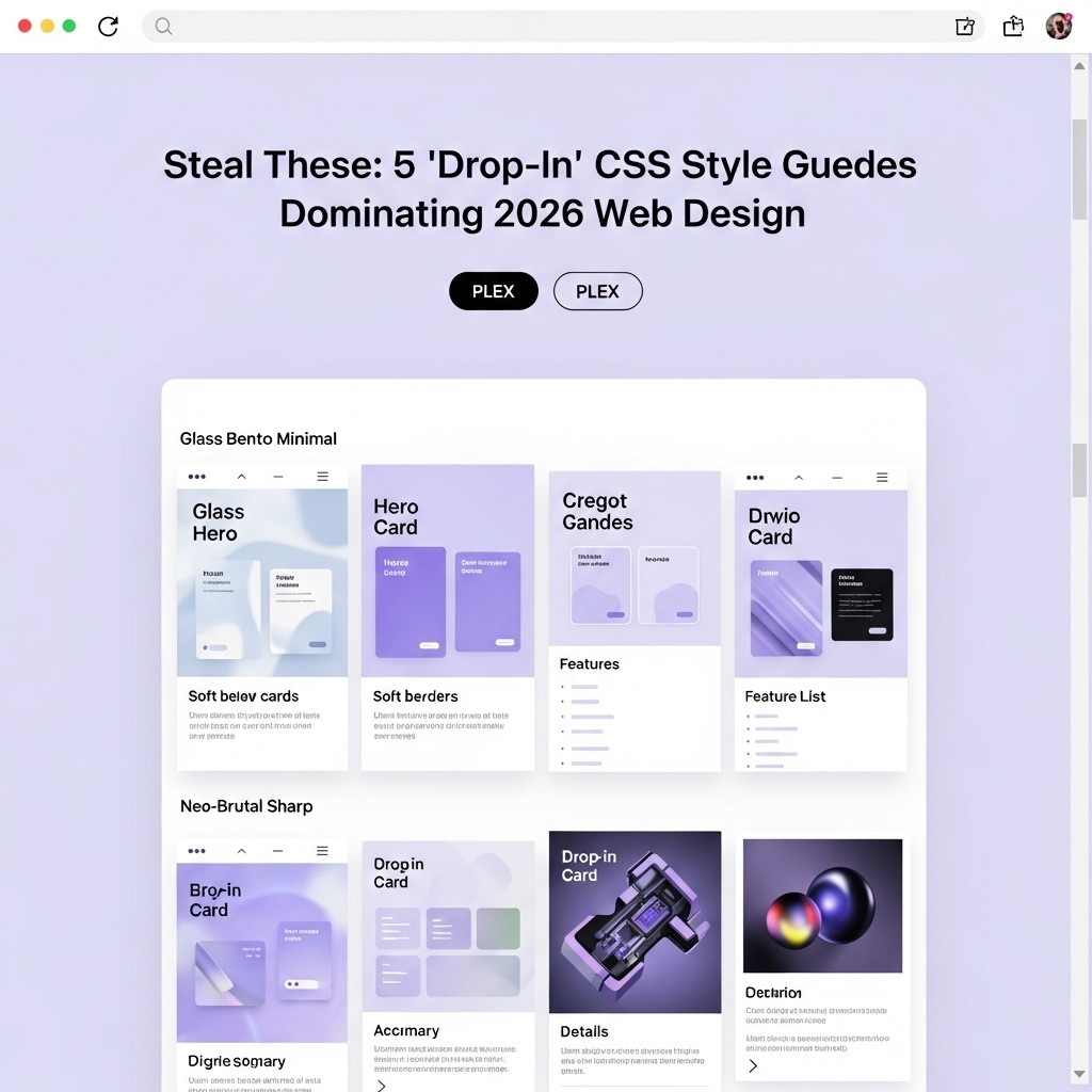 An editorial UI mockup showing five drop-in CSS style guides as stacked visual preview panels