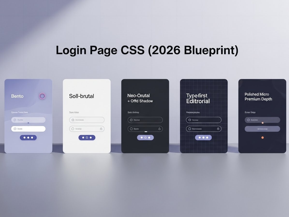 Five modern login card templates arranged like a design board, sharing one consistent 2026 design language
