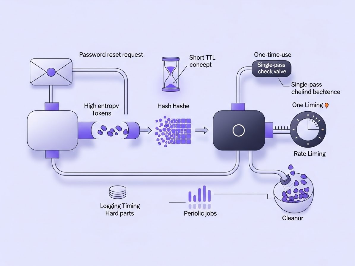 A production-shaped password reset flow: short-lived token, hashed storage, one-time use, and cleanup.