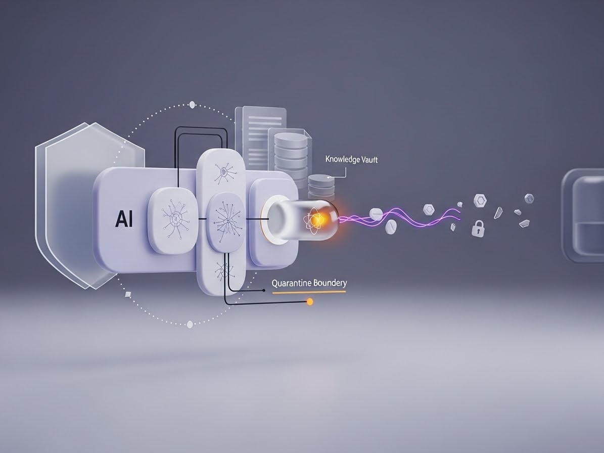 Abstract workflow tiles connected by a thin filament, suggesting AI-accelerated intrusion paths.