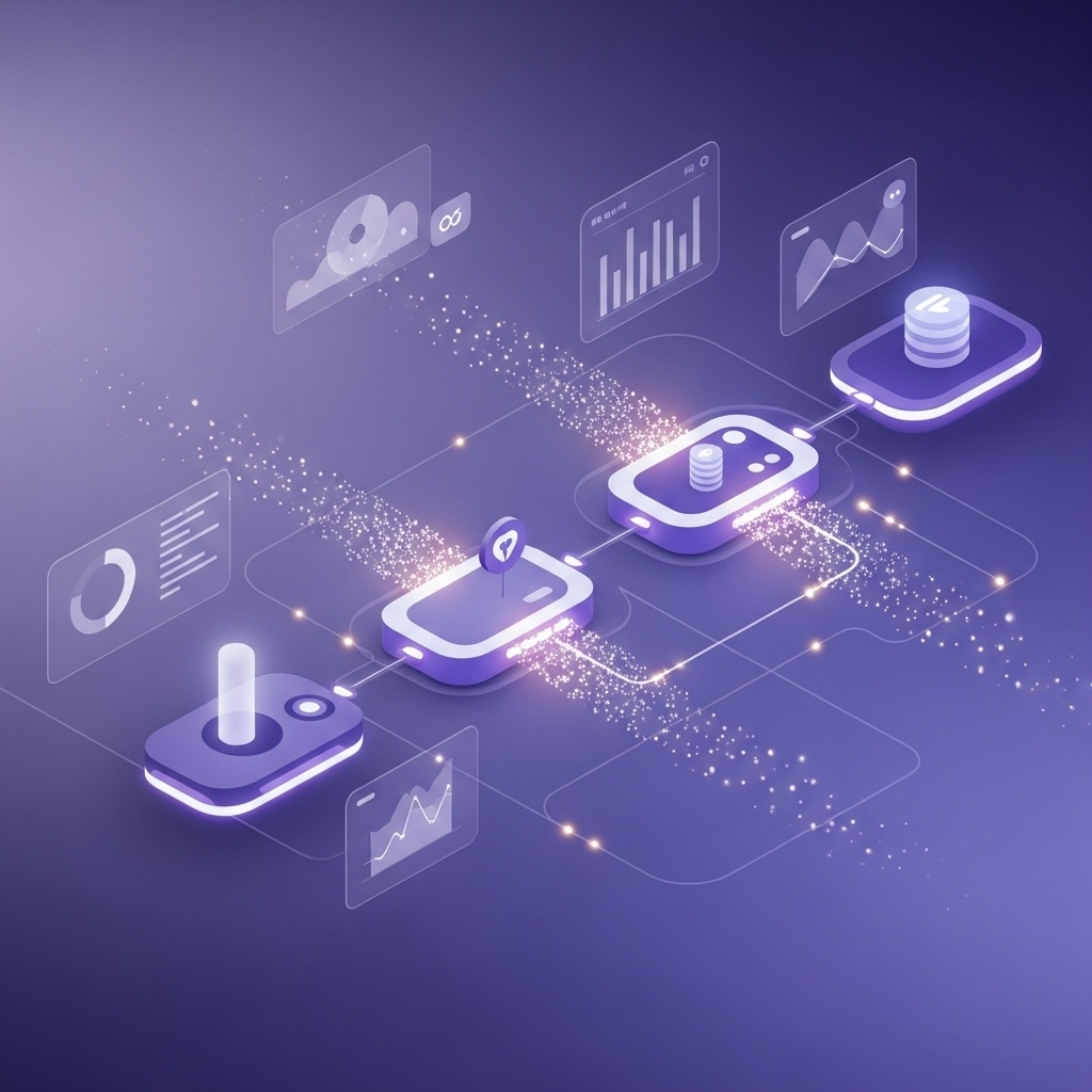 An abstract data pipeline diagram transforming raw inputs into clean, usable data products